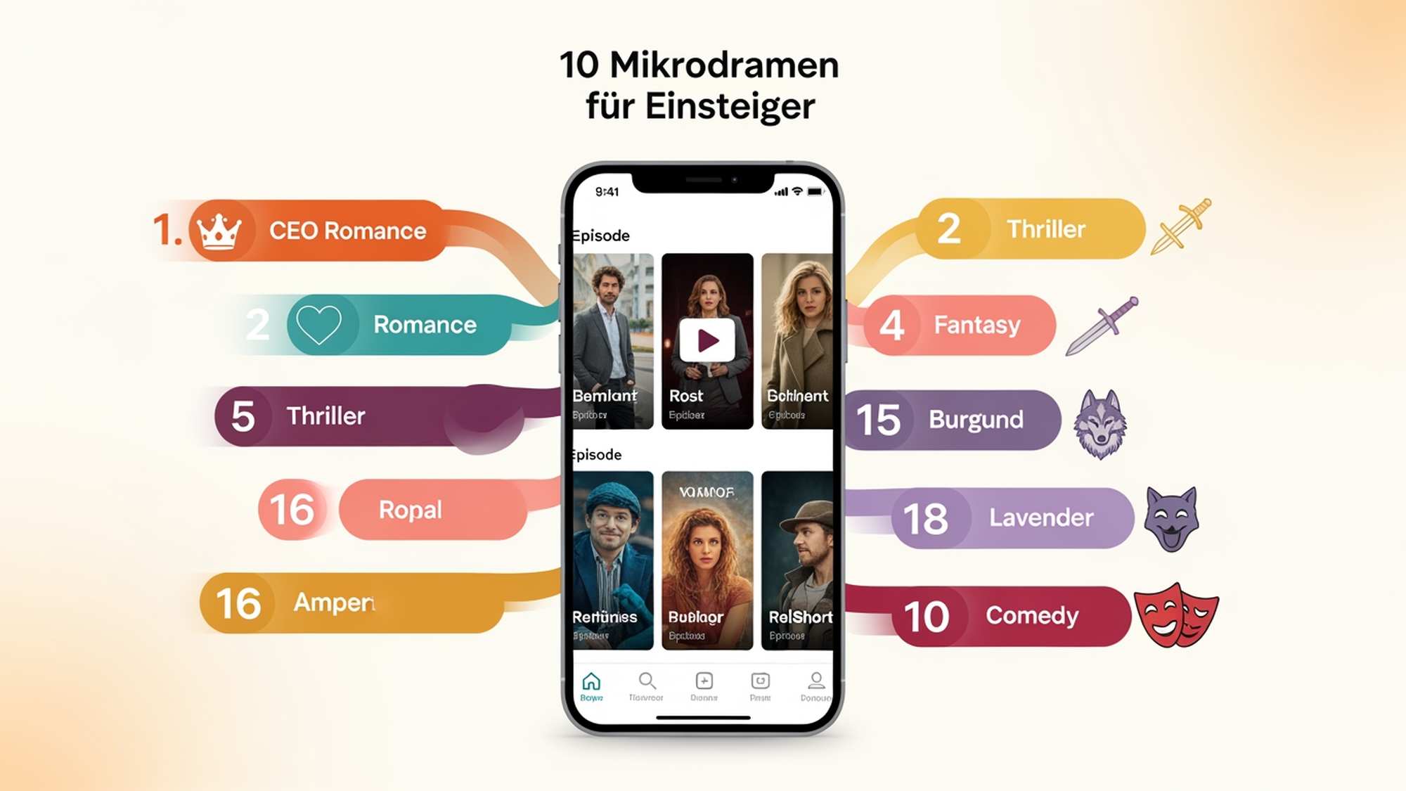 Smartphone-Screenshot von einer App mit verschiedenen Genres wie Romanze, Thriller und Komödie dargestellt durch Icons und Vorschaubilder.