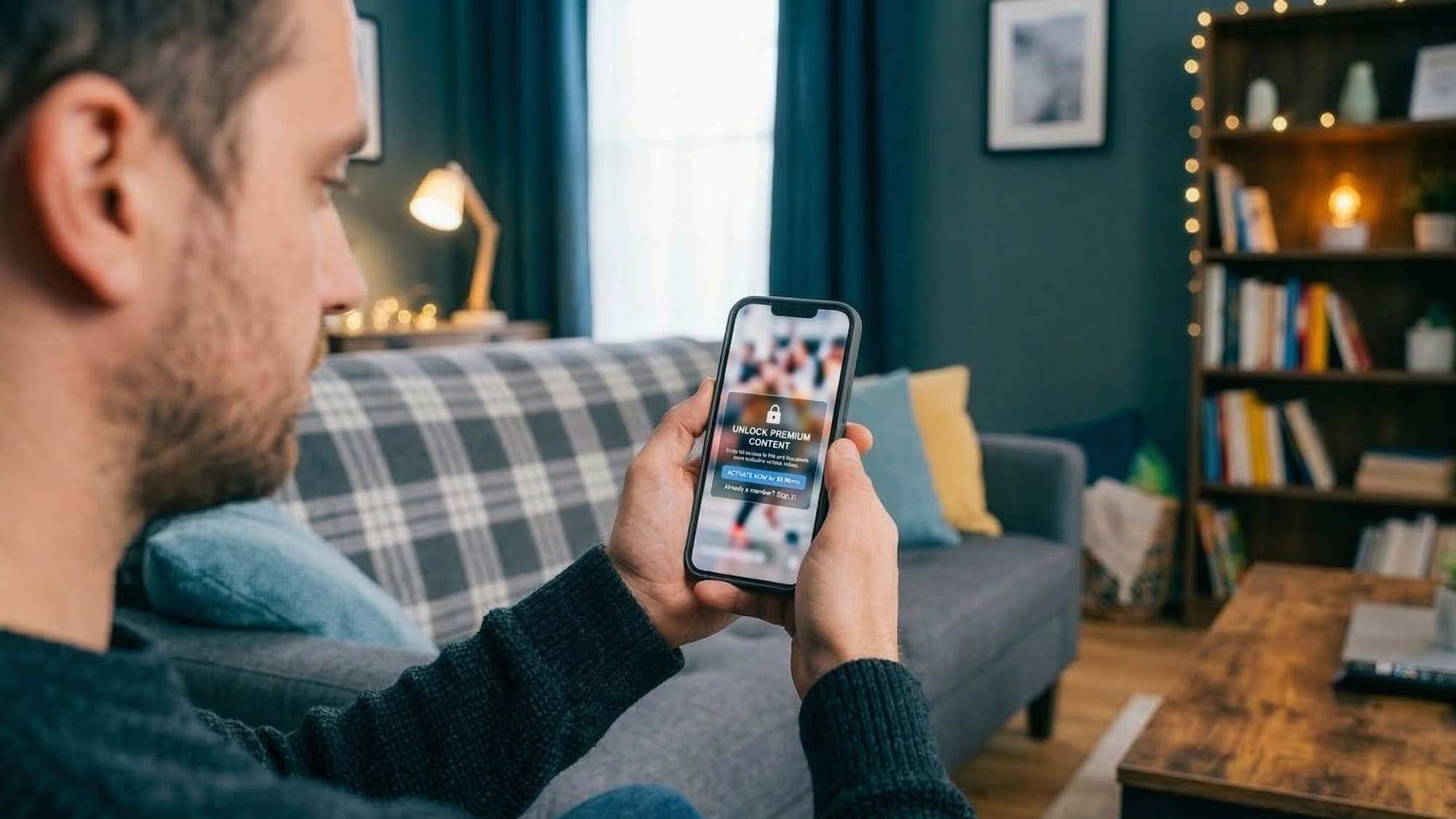 Person hält Smartphone mit gesperrtem Video und Hinweis auf Premium Zugriff